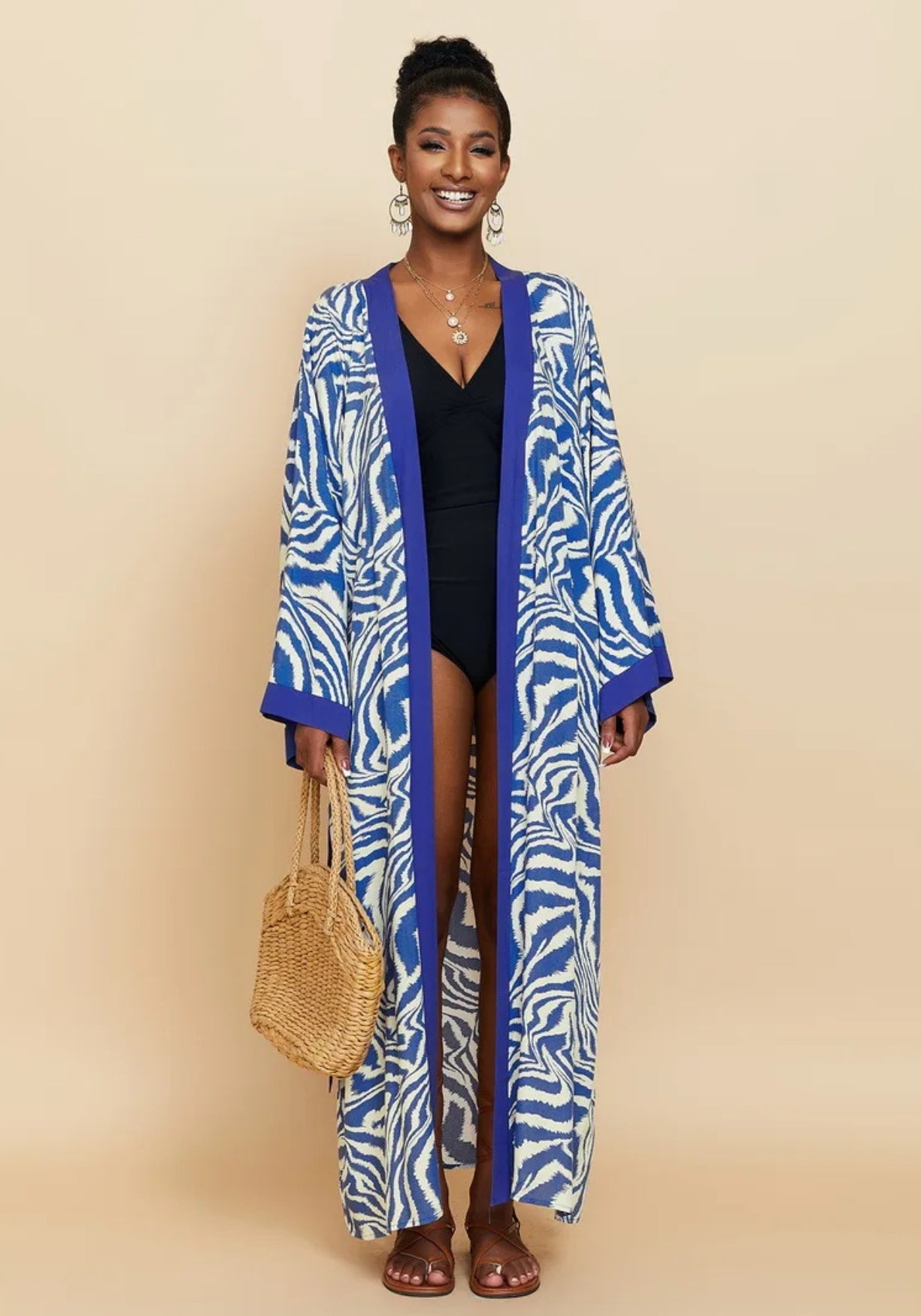 Kimono long à motif zébré Zébré bleu / Unique
