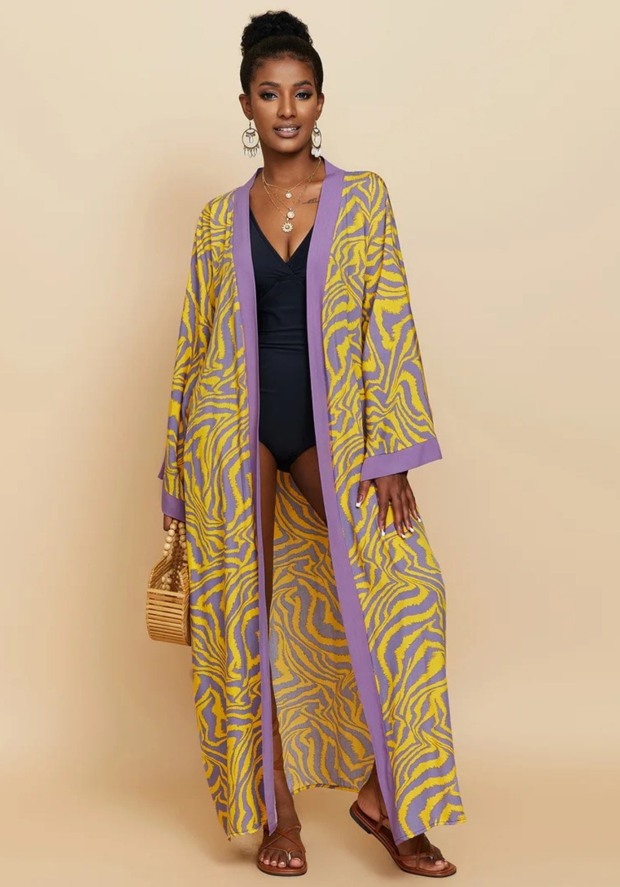 Kimono long à motif zébré Zébré jaune / Unique