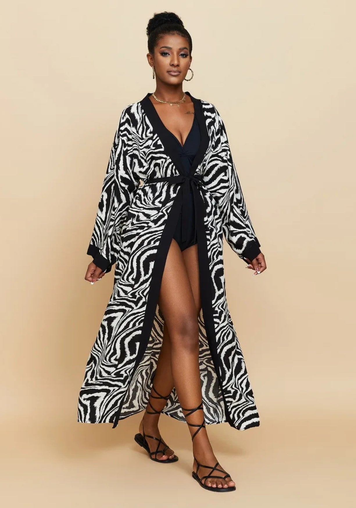 kimono maxi dress black Long Zebra print kimono Zebra Black / One size
