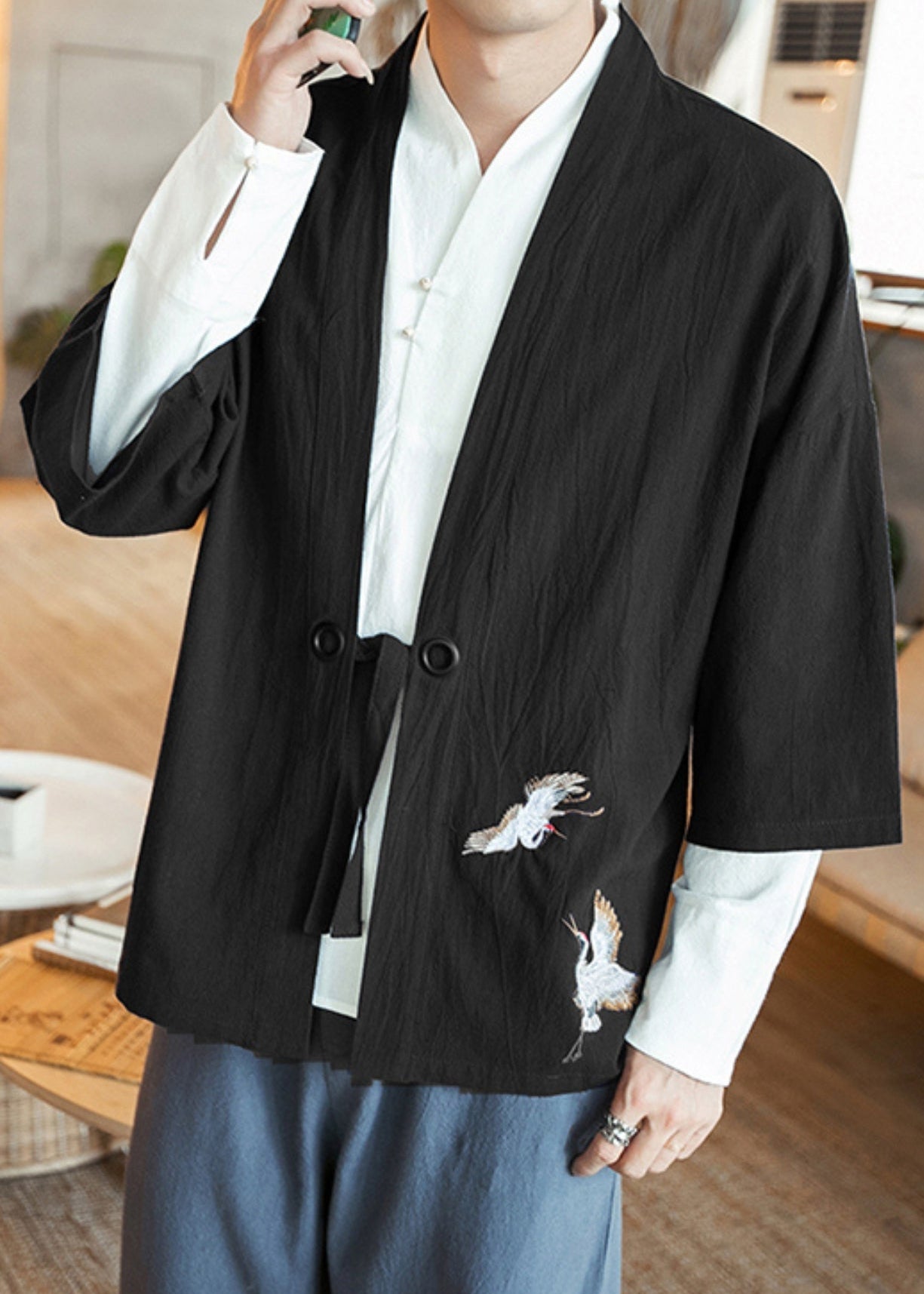 Veste kimono noir Faucon céleste