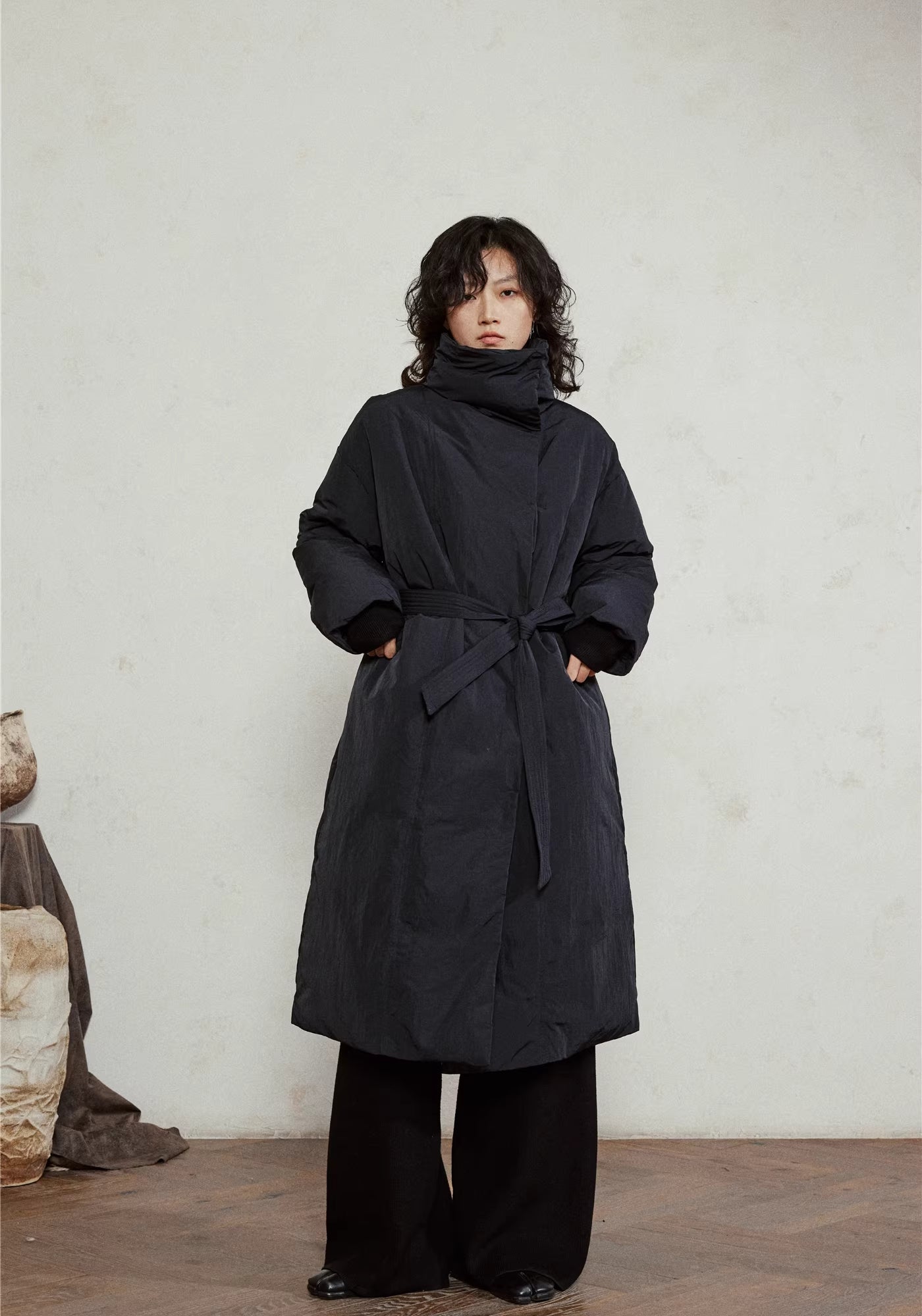 Doudoune longue ceinturée femme