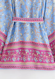 Kimono court bleu à fleurs