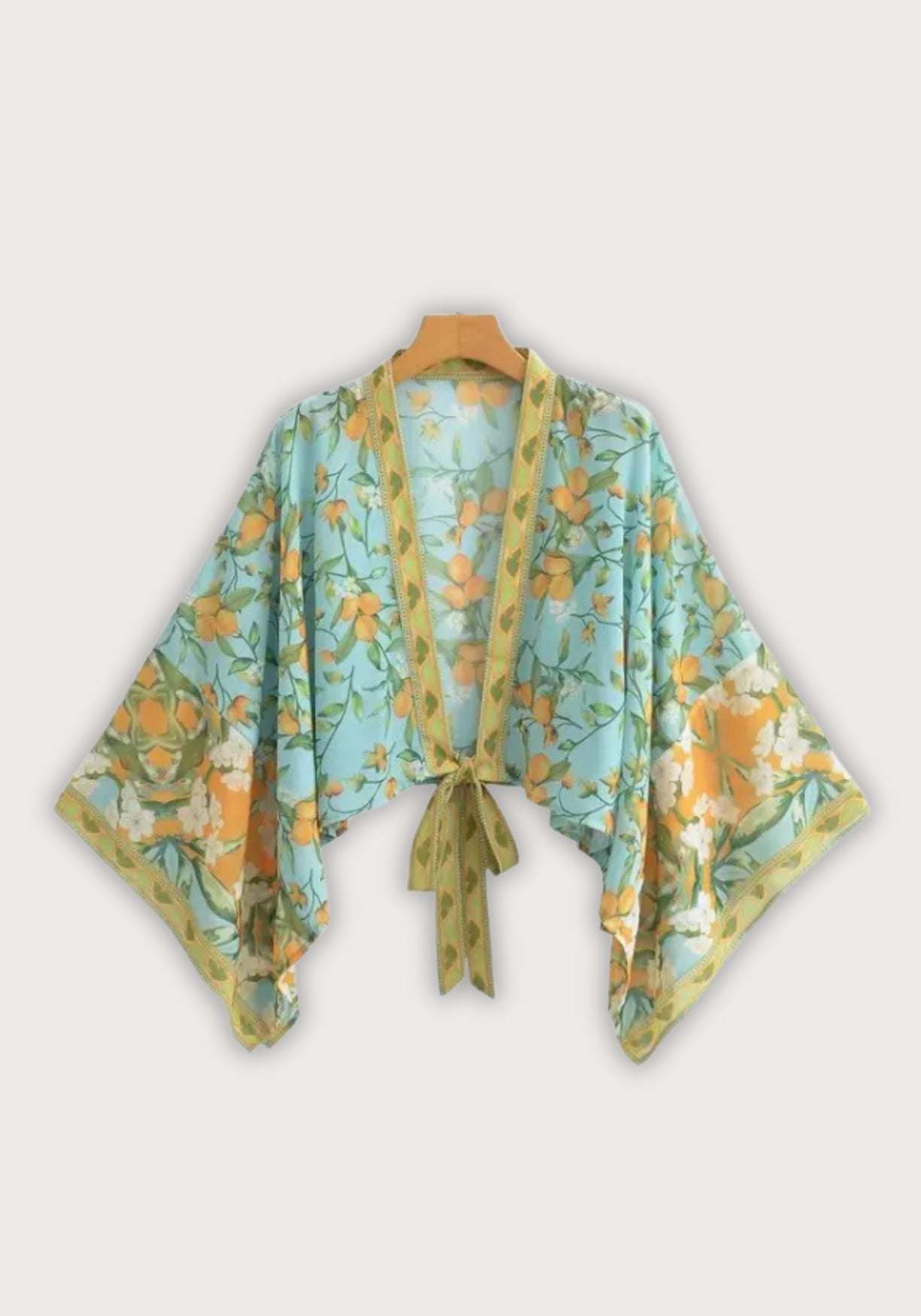 Kimono court bleu cache-cœur bohème Bleu clair / Unique