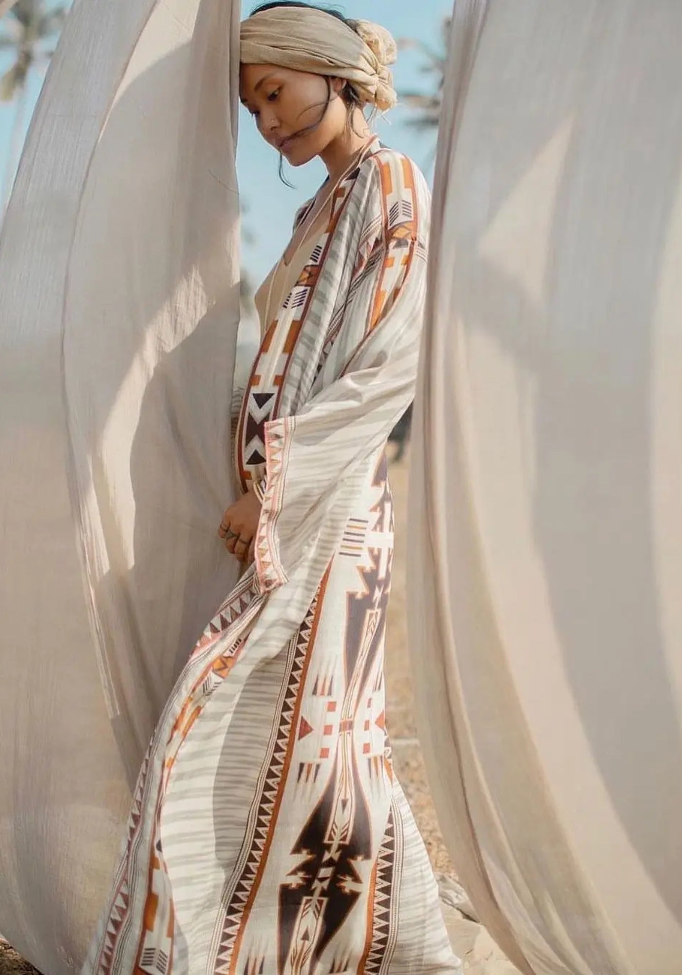 Kimono long beige pour femme