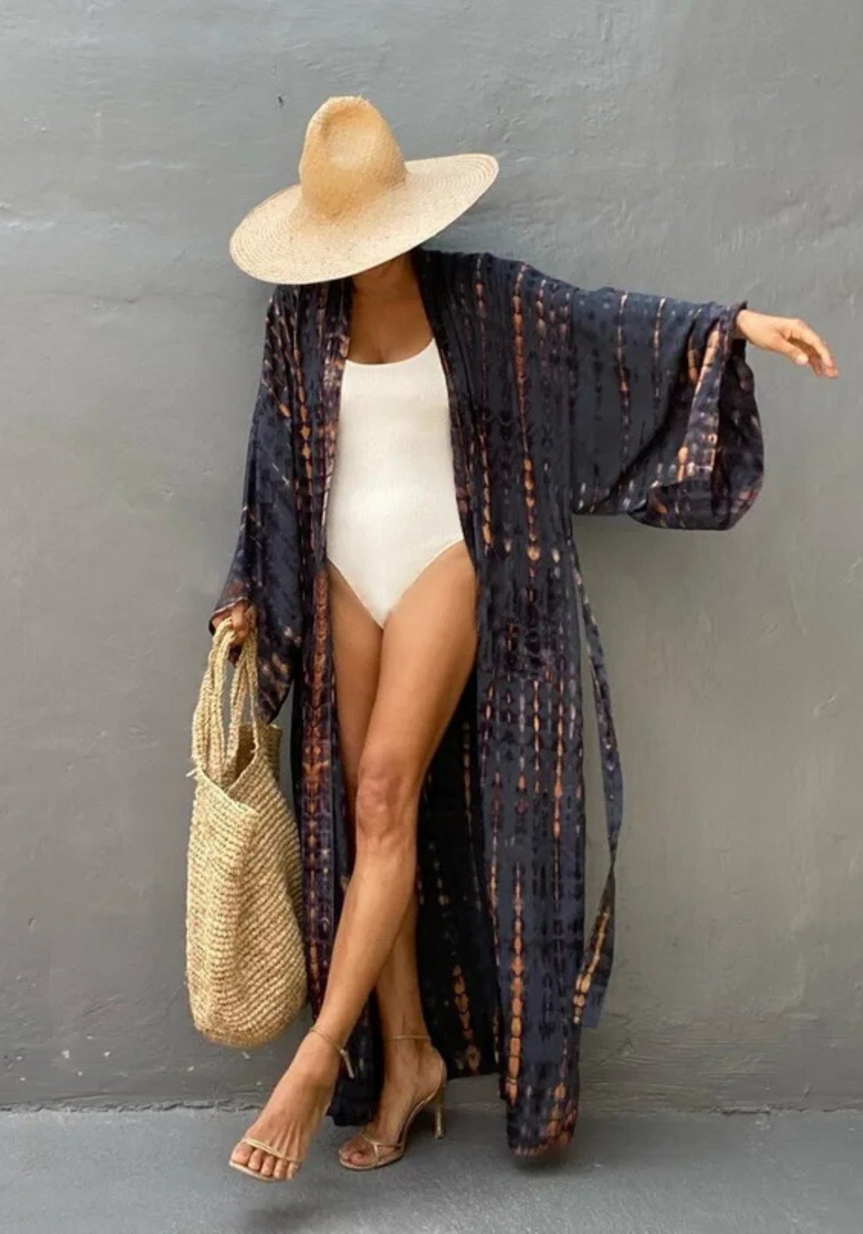 Kimono Long de Plage bleu marine robe Naëros 1973-4 / One Size
