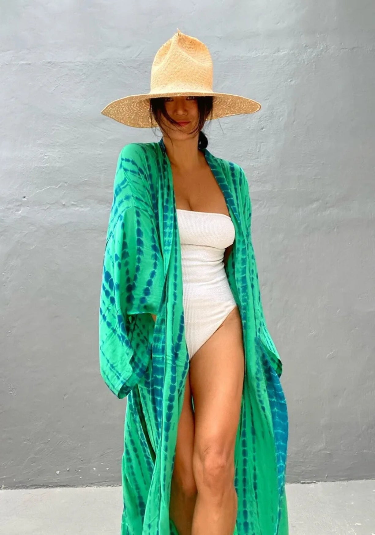 Kimono Long de Plage vert robe Viridia 1973-8 / One Size