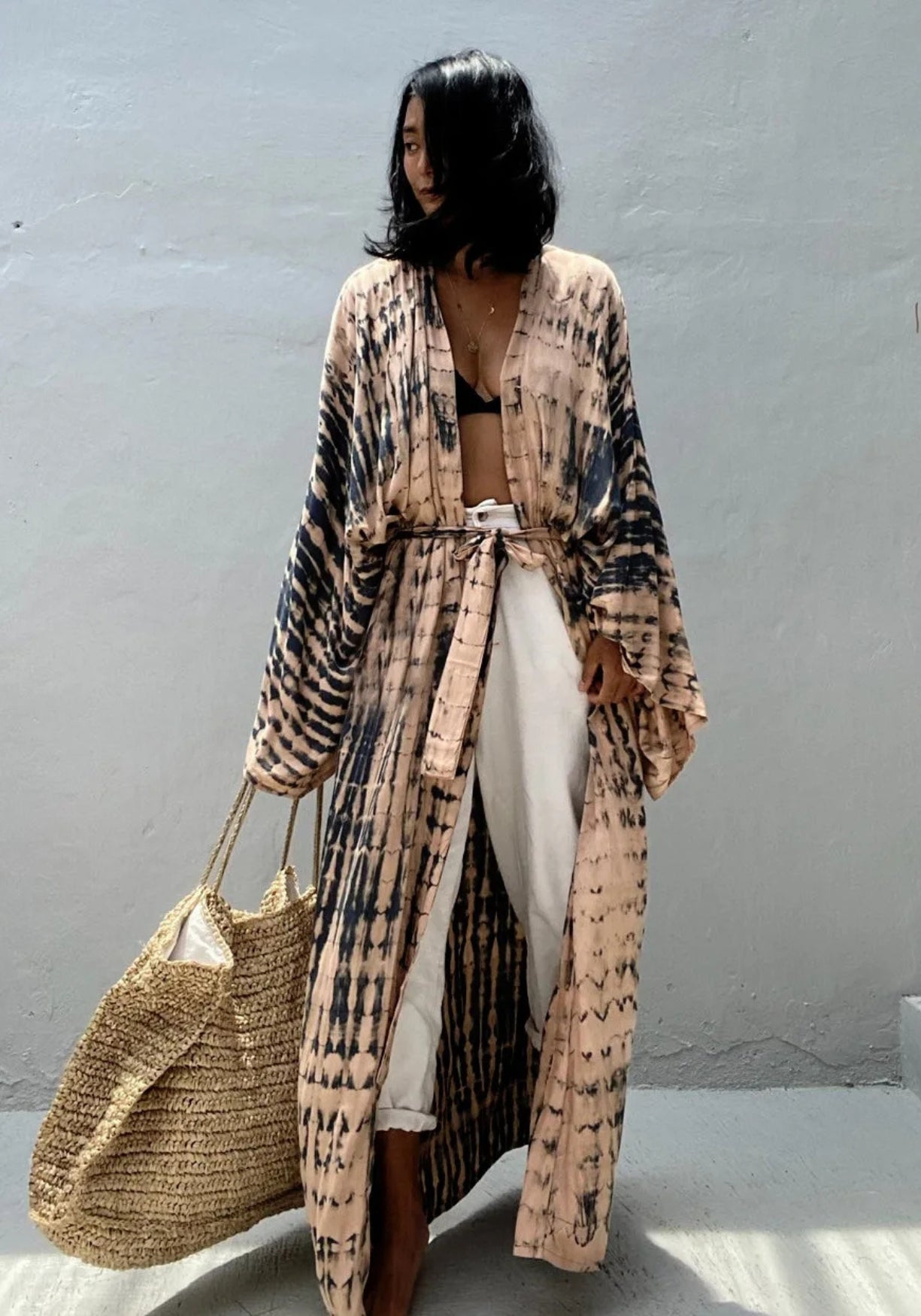 Kimono long tie & dye | Naëros Kaki doux / Unique