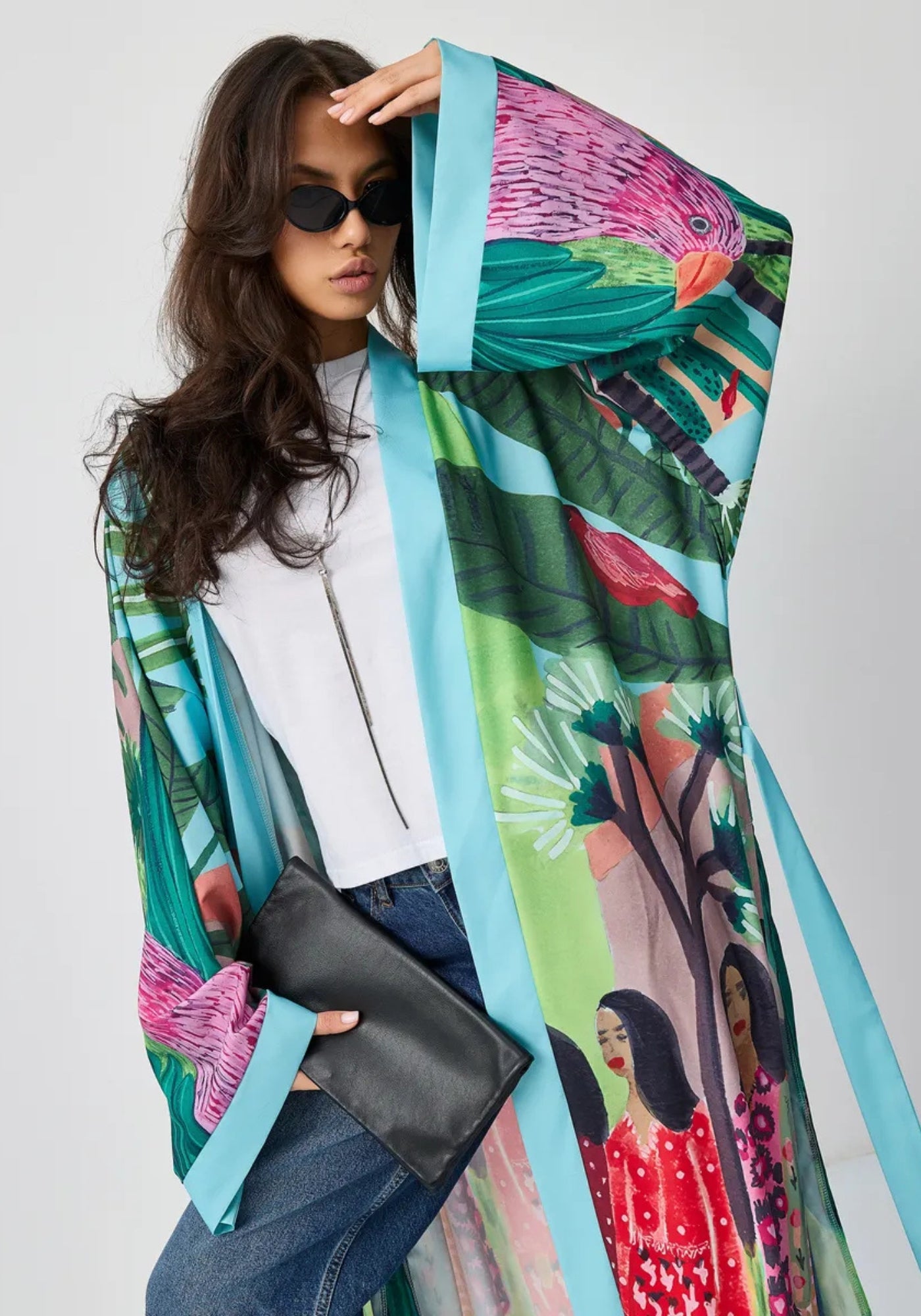 Kimono long à imprimé tropical pour femme
