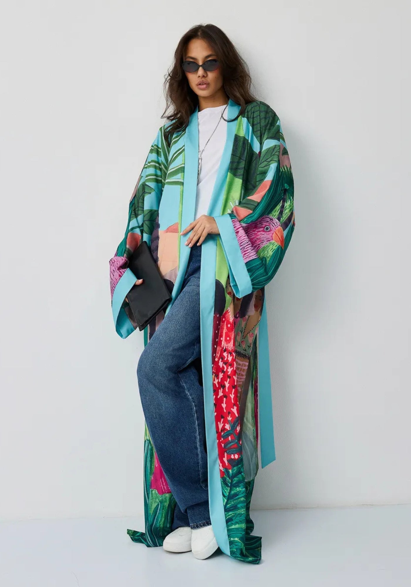 Kimono long à imprimé tropical pour femme