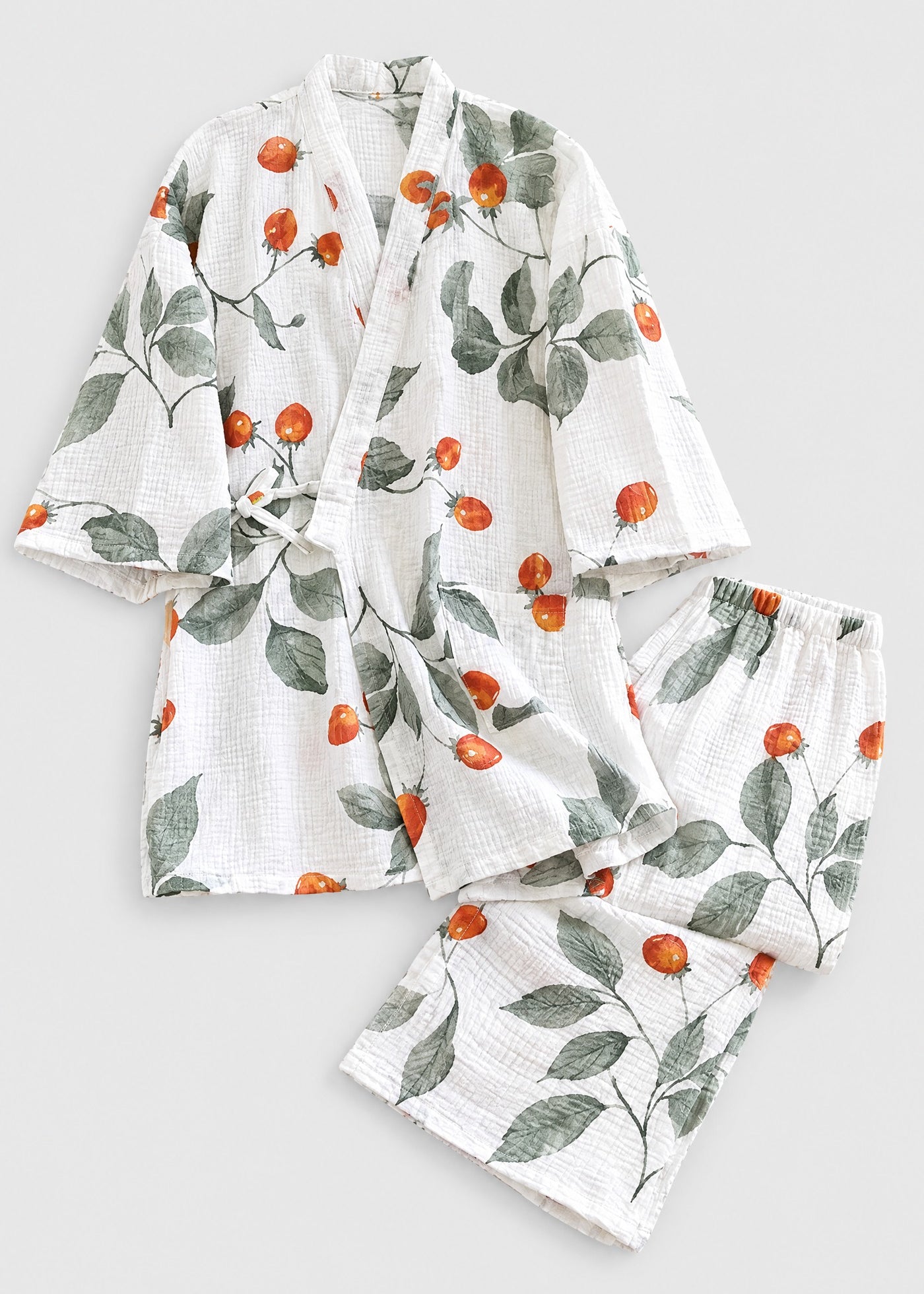 Kimono Pyjama Blanc à Baies Rouges en Coton | Anzu