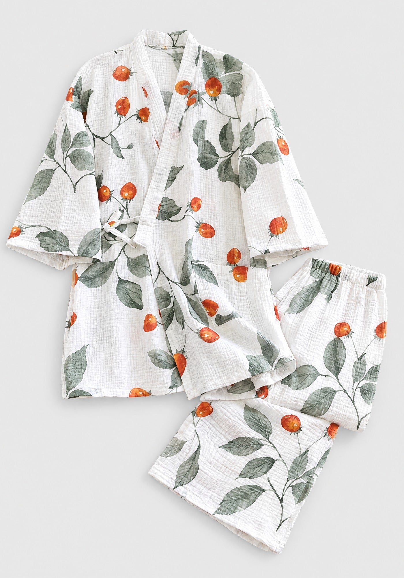 Kimono Pyjama Blanc à Baies Rouges en Coton | Anzu