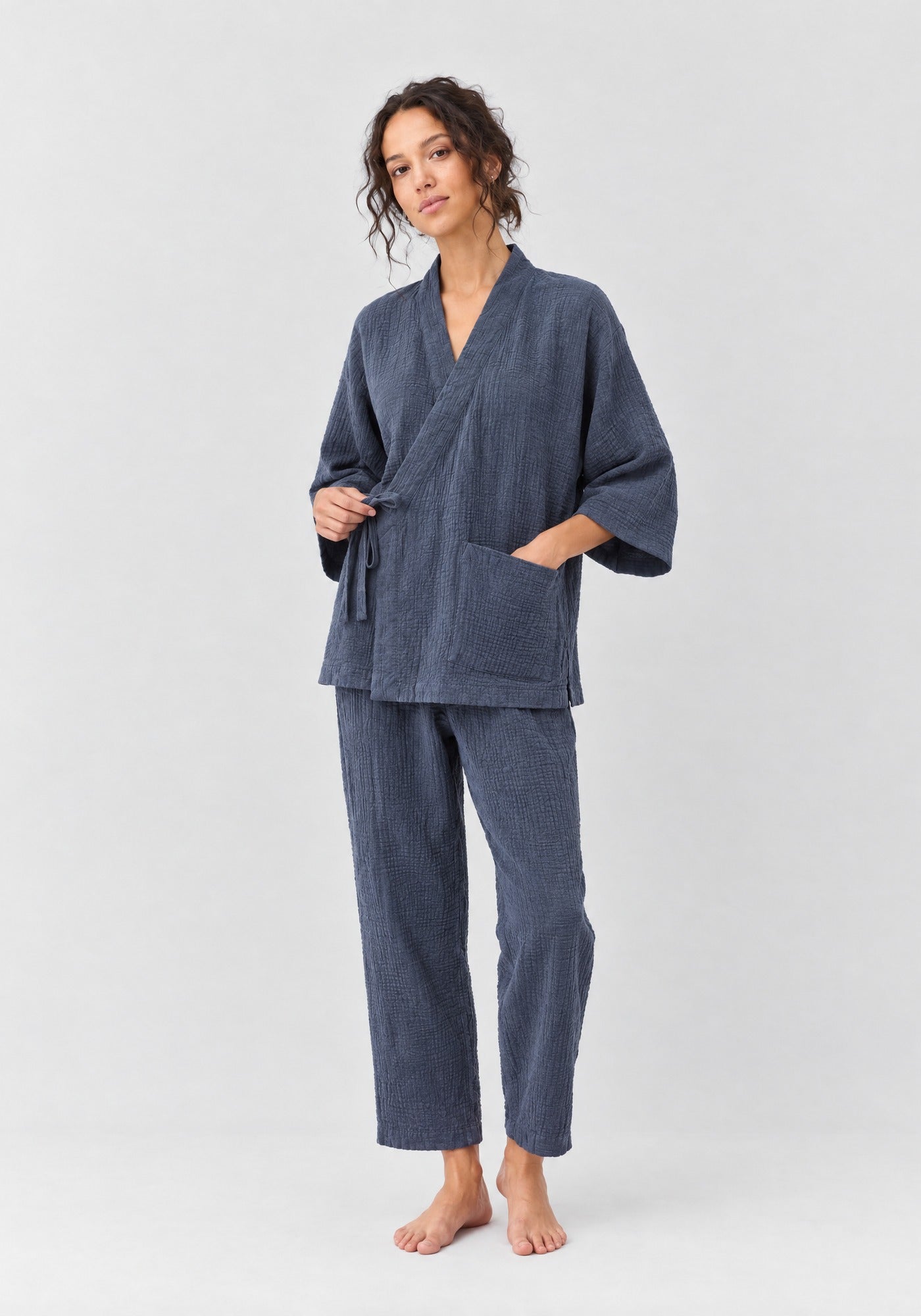 Kimono Pyjama Bleu Ardoise en Coton | Nagi
