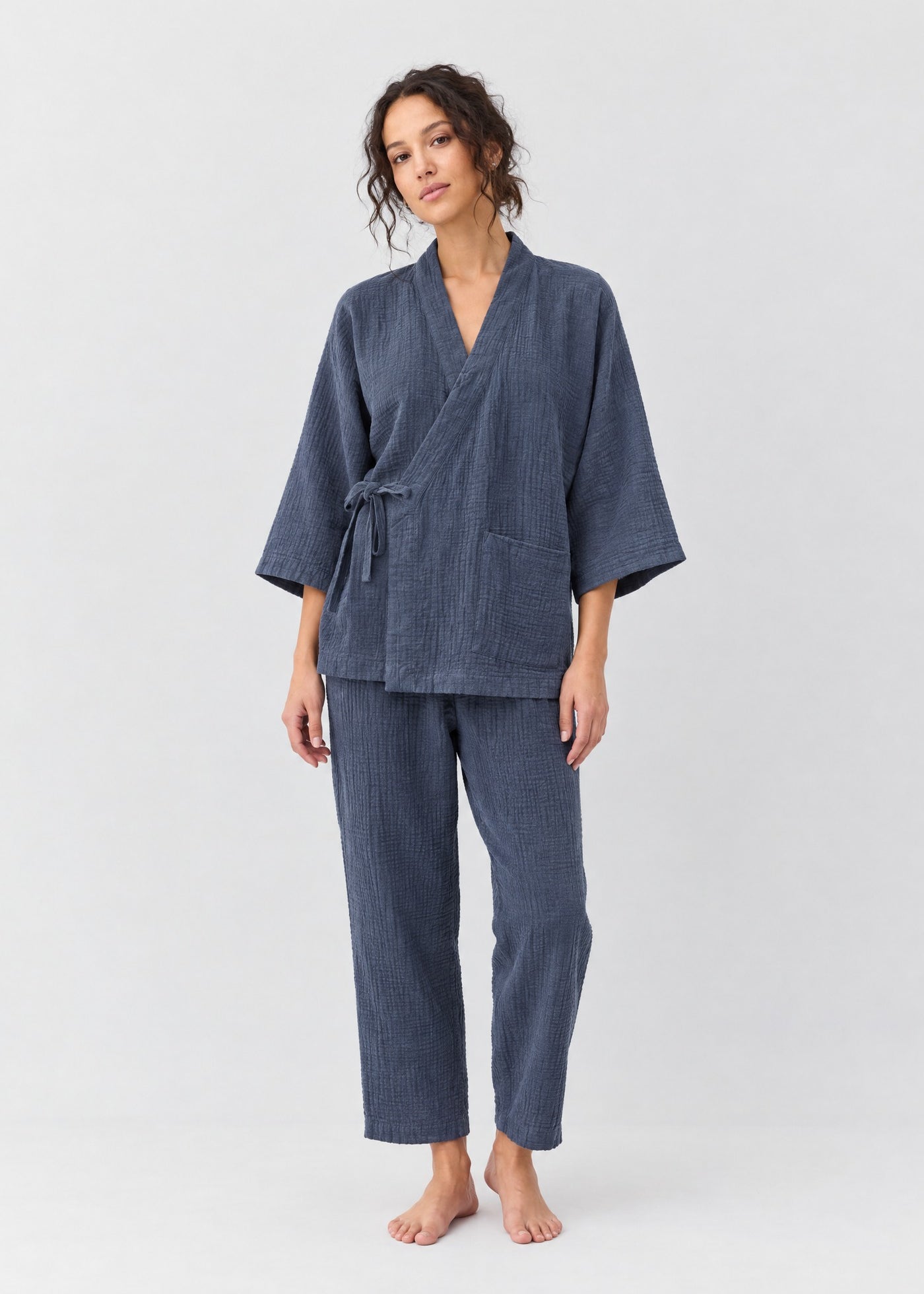 Kimono Pyjama Bleu Ardoise en Coton | Nagi