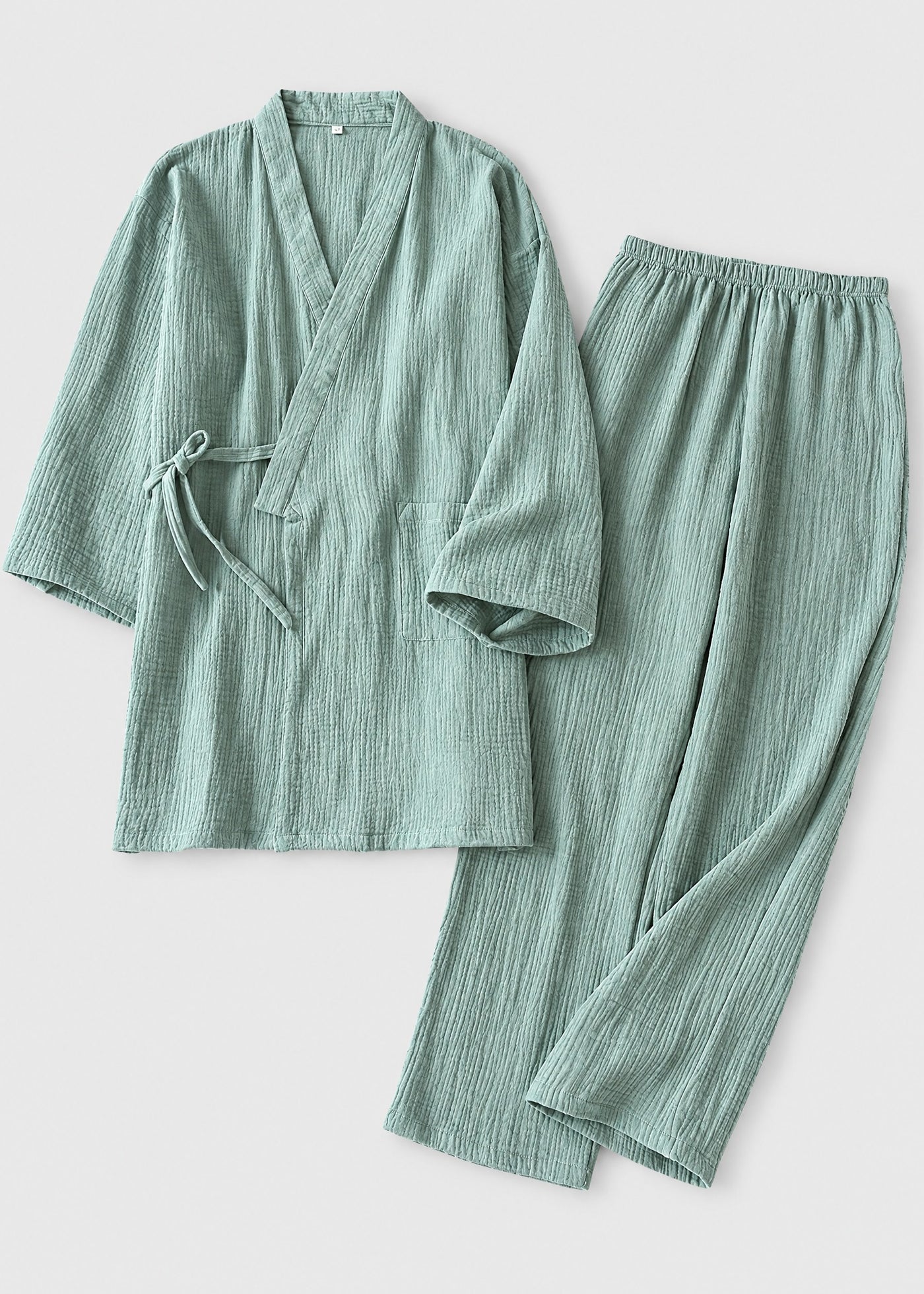 Kimono pyjama Obi vert sauge en gaze de coton — ensemble à plat