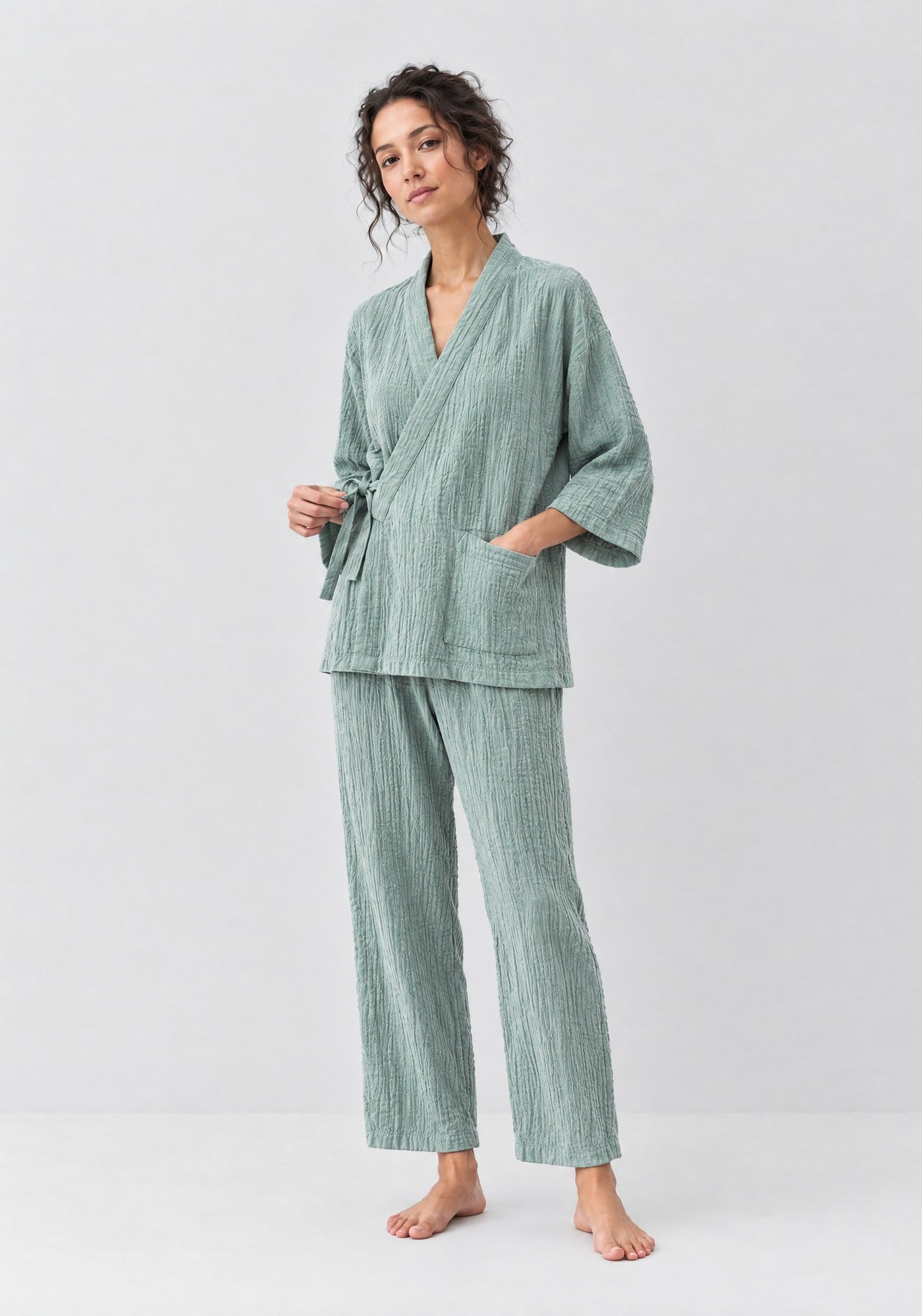 Kimono Pyjama Vert Sauge en Coton | Obi