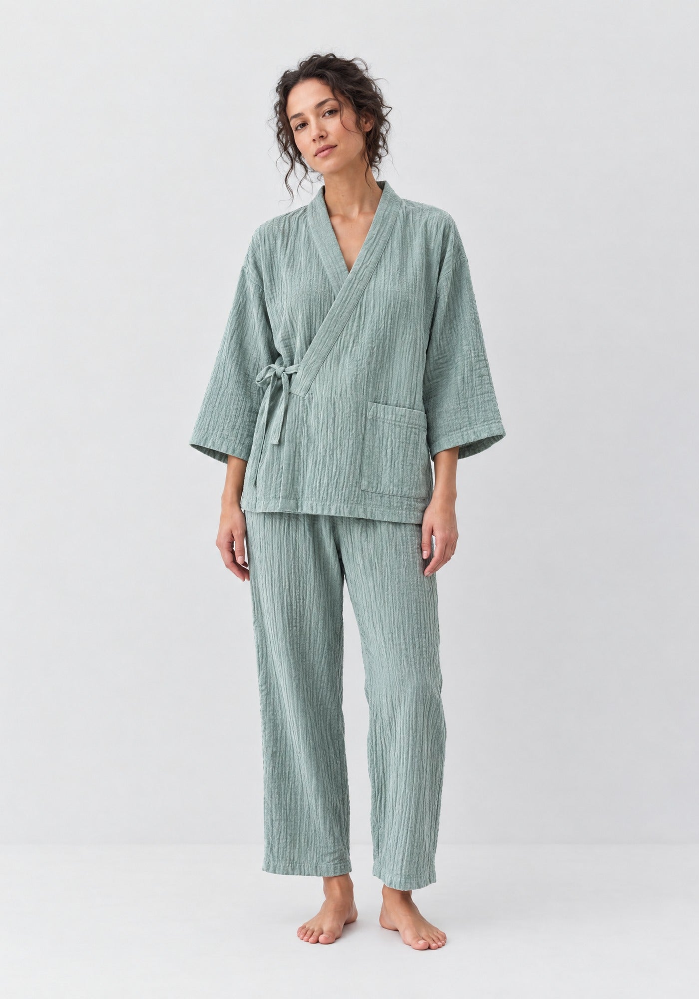 Kimono Pyjama Vert Sauge en Coton | Obi
