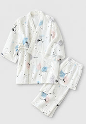 Kimono Pyjama Blanc à Pissenlits en Coton | Ryōan