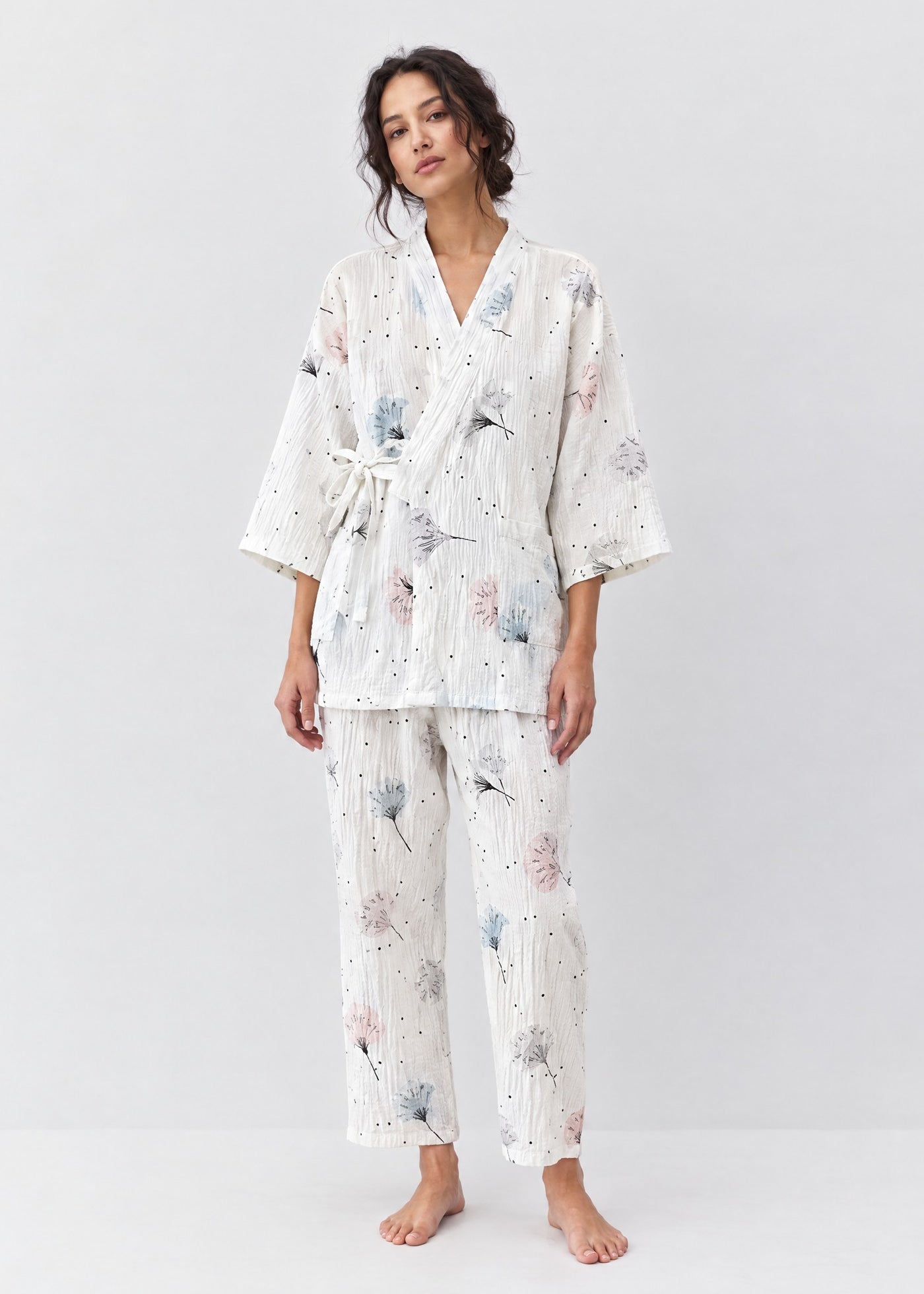 Kimono Pyjama Blanc à Pissenlits en Coton | Ryōan