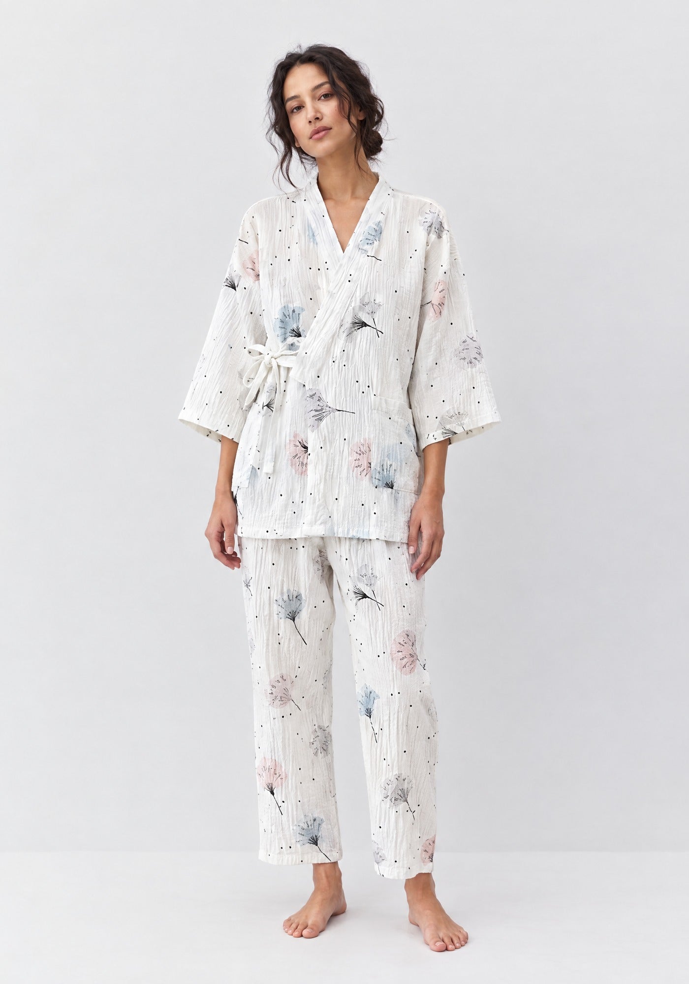 Kimono Pyjama Blanc à Pissenlits en Coton | Ryōan