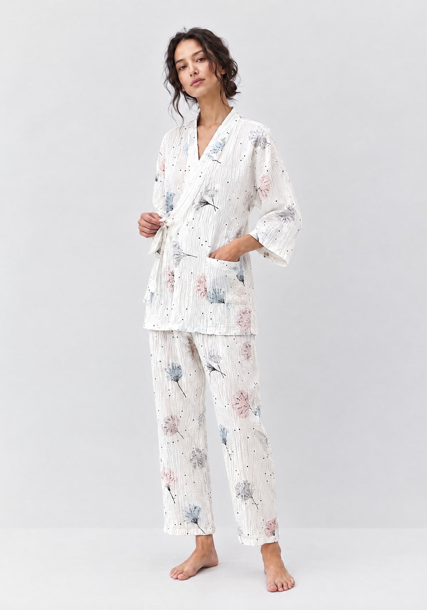 Kimono Pyjama Blanc à Pissenlits en Coton | Ryōan
