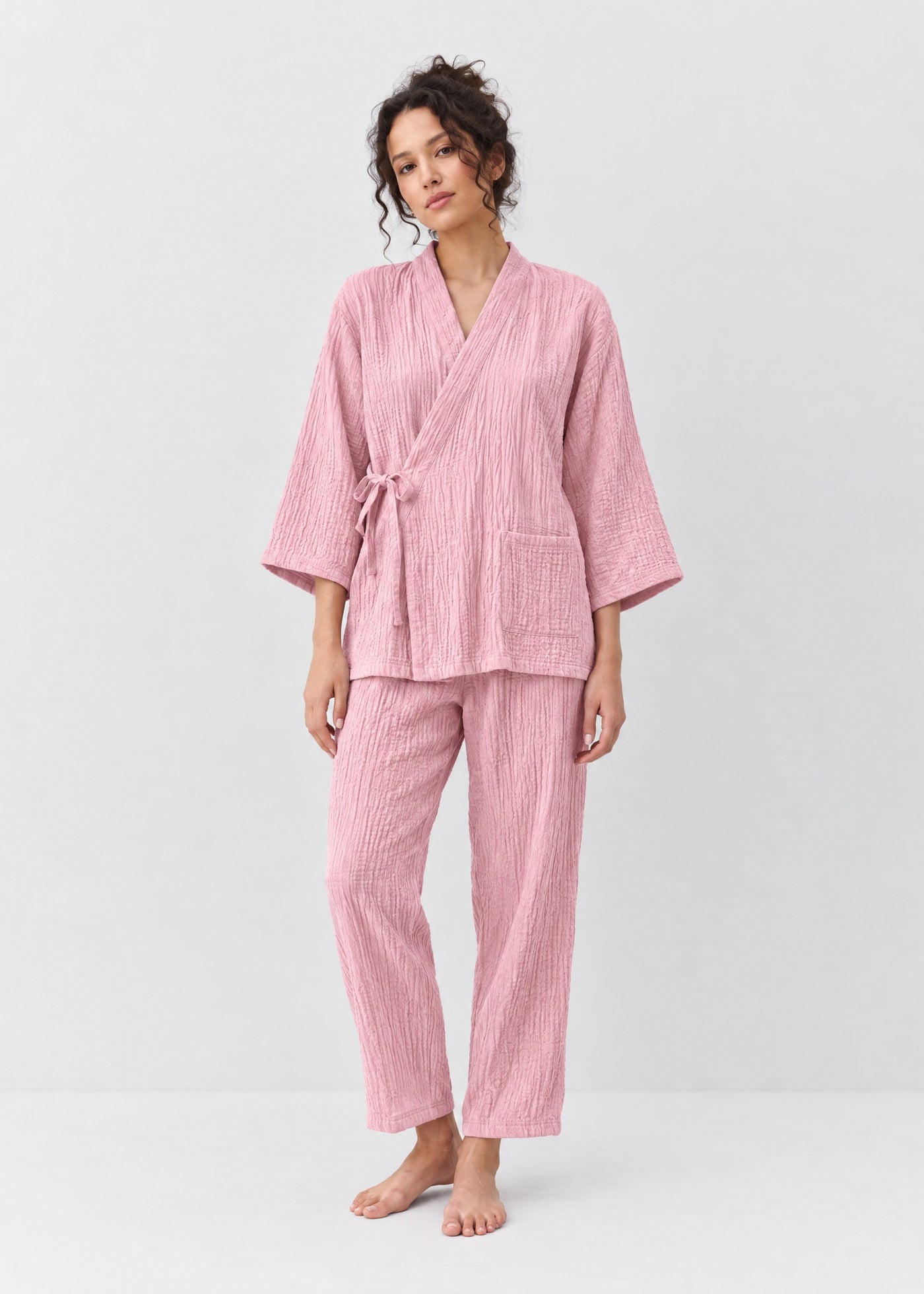 Kimono Pyjama Rose Poudré en Coton | Tsukiya
