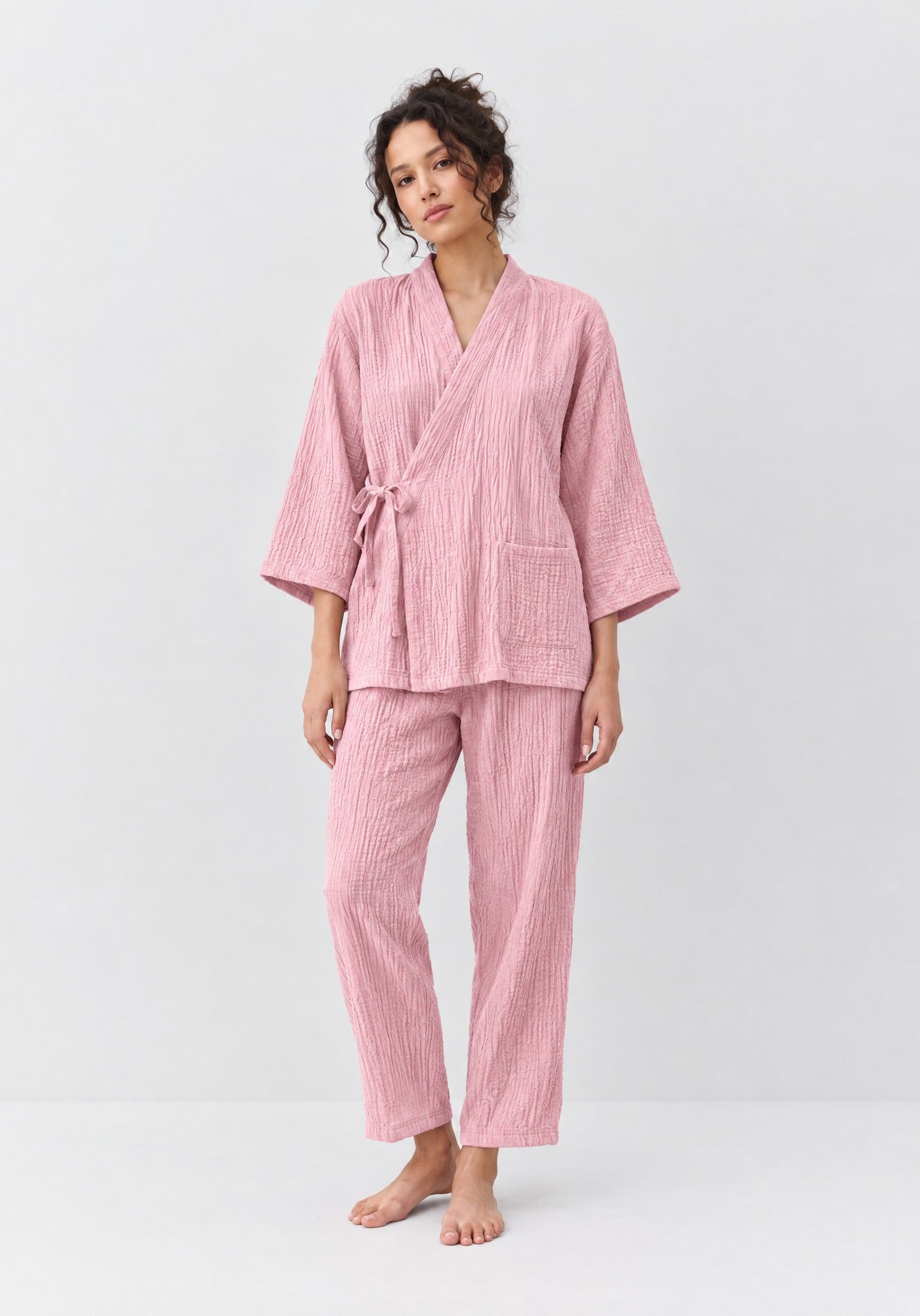 Kimono Pyjama Rose Poudré en Coton | Tsukiya