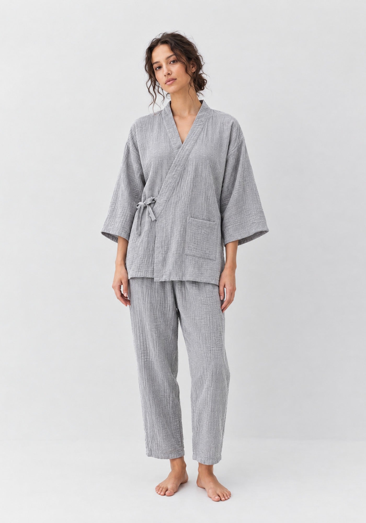 Kimono Pyjama Gris Clair en Coton | Yumé