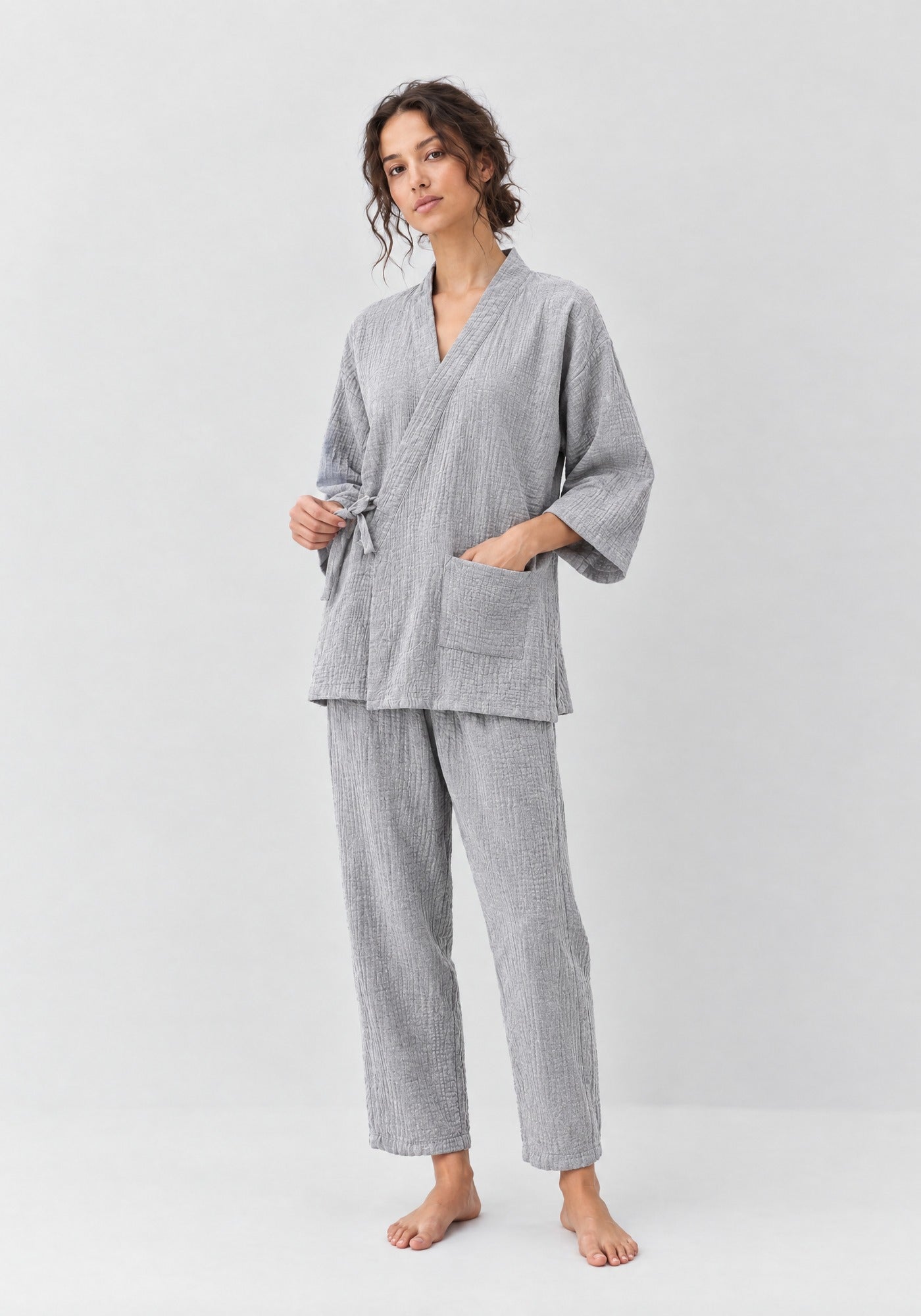 Kimono Pyjama Gris Clair en Coton | Yumé