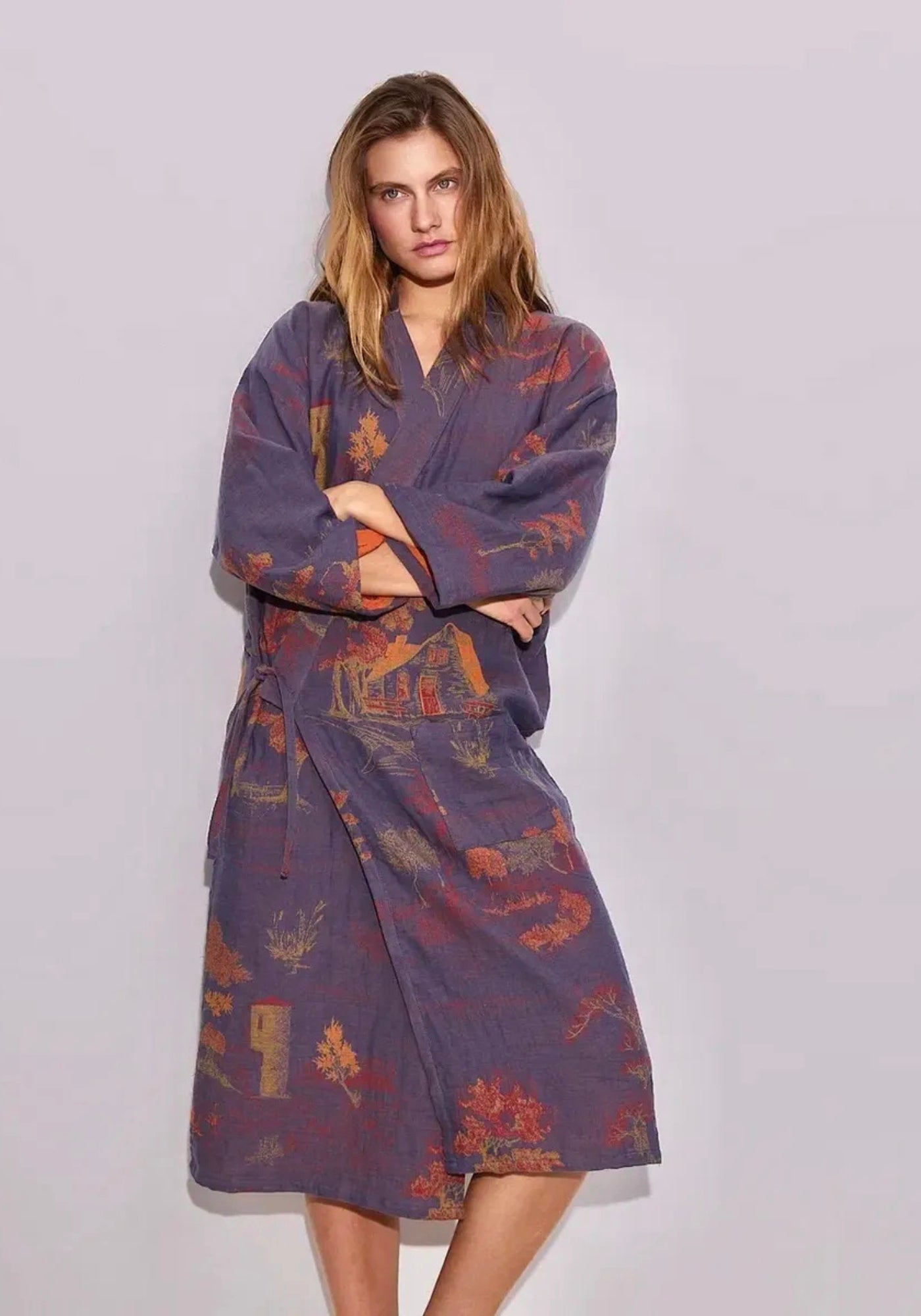 Peignoir kimono bleu femme | Mizuki Bleu gris / S