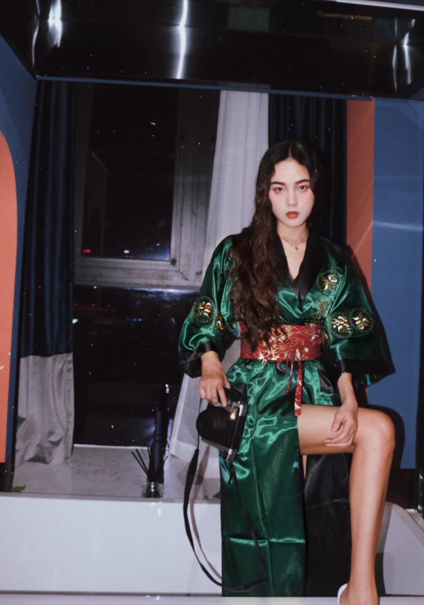 Green Kimono Dress | Reversible Satin Style Dark Green / S Green Kimono Dress | Reversible Satin Style Dark Green / S