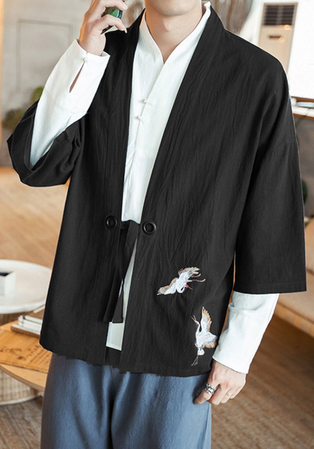 Veste kimono noir Faucon céleste