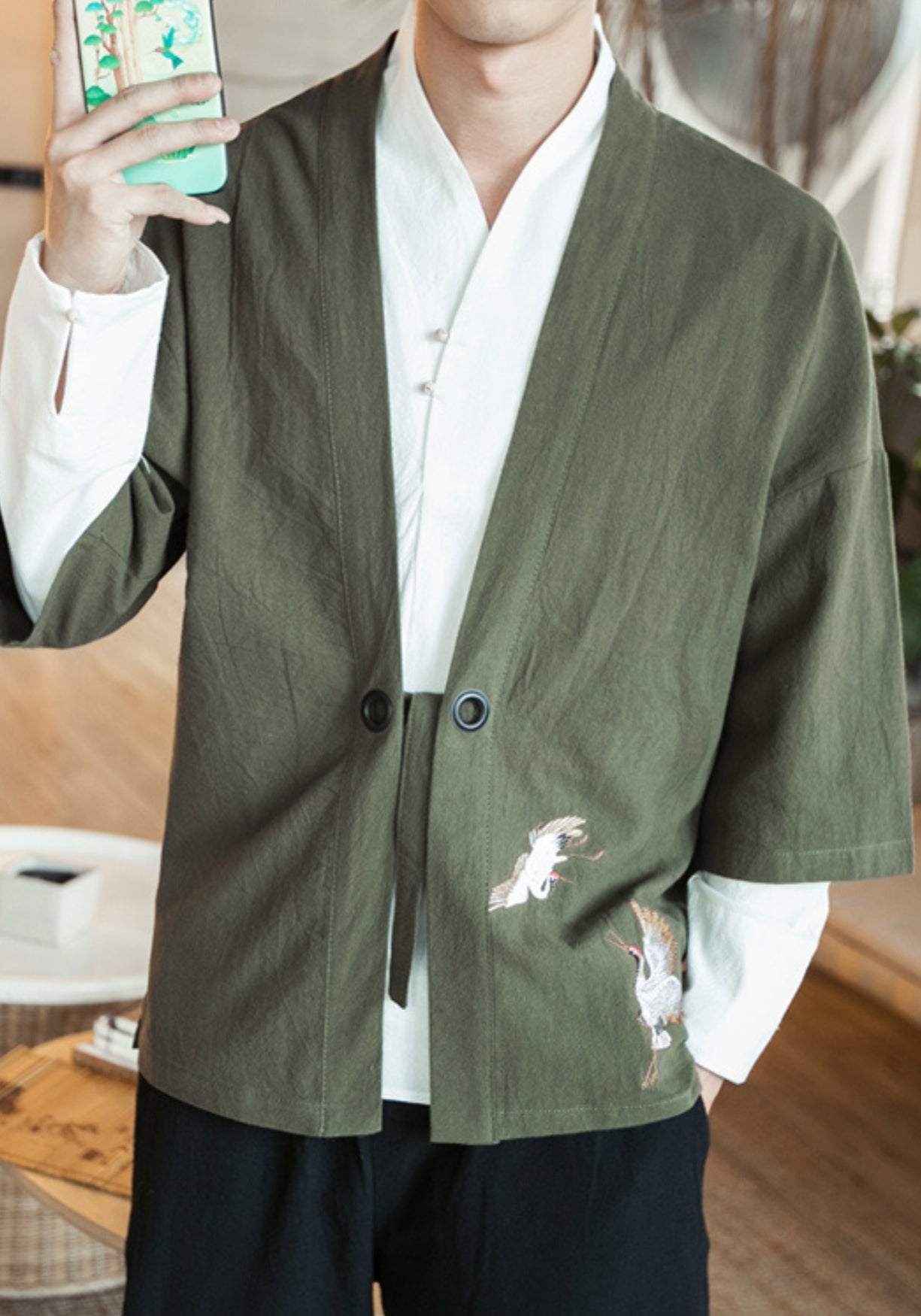 veste kimono verte Faucon céleste